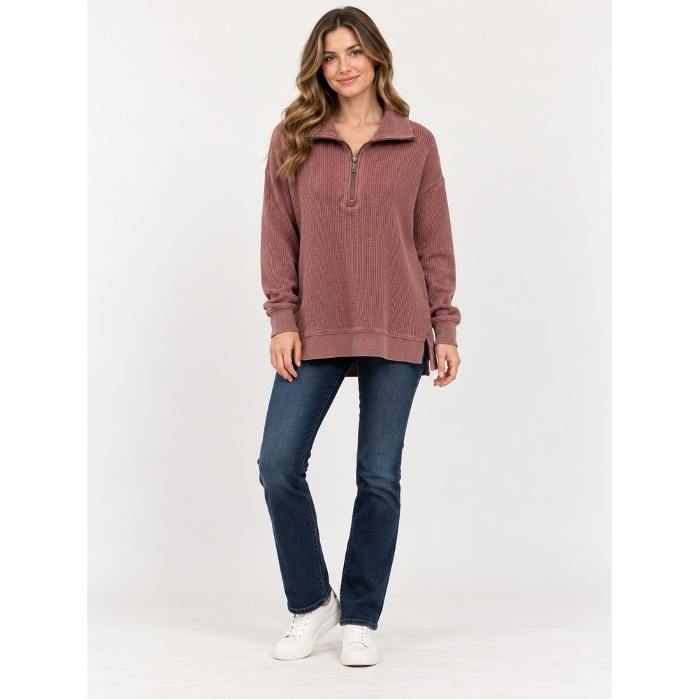 C&C California Waffle Knit Pullover Womens L Gorpcore Mauve Quarter Zip Thermal